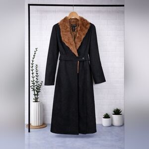 BCBG Max Azria Black Trench Coat with Brown Faux Fur Collar Old Money Metallic S